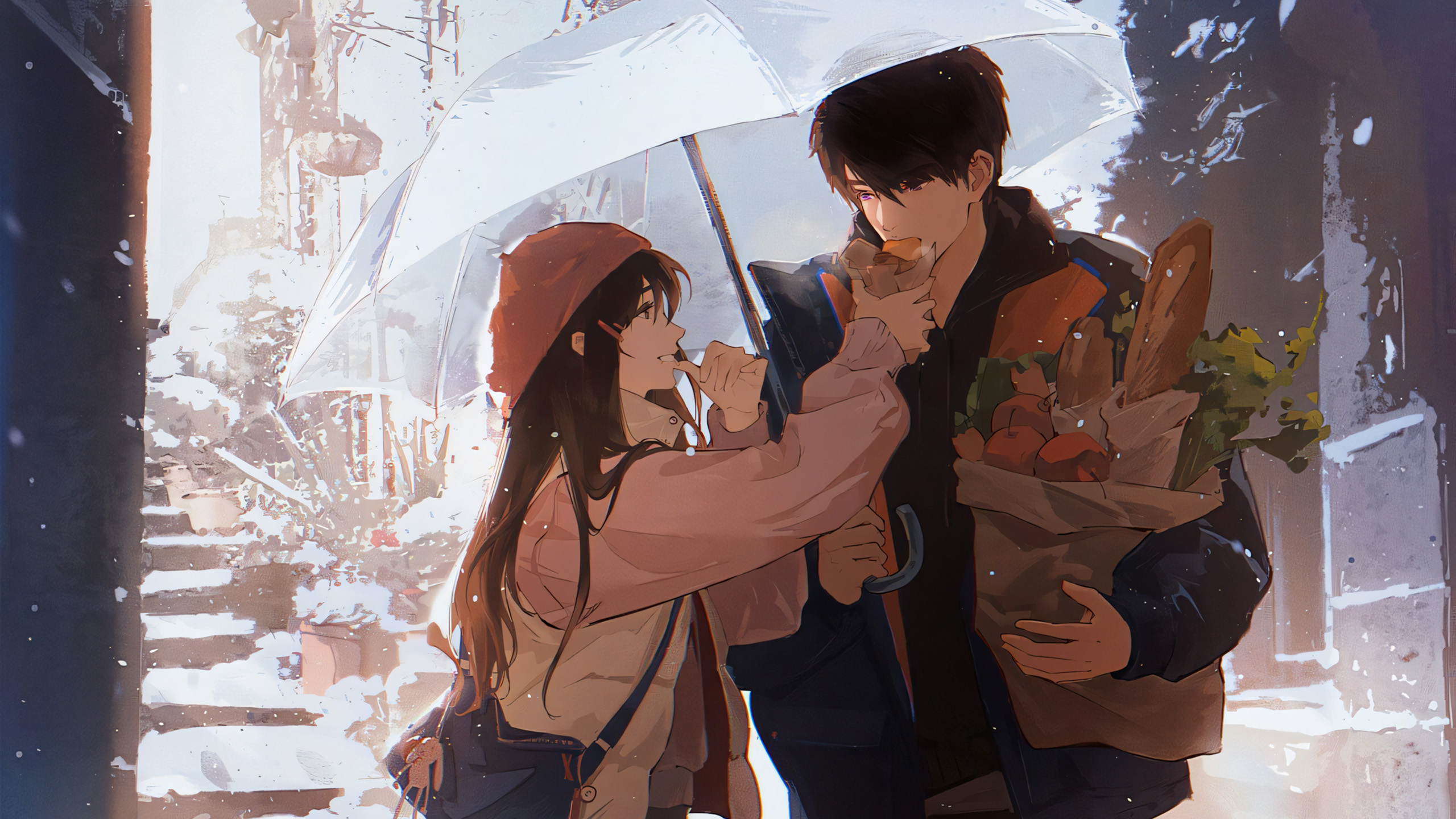 下雪天,情侣,面包,雨伞