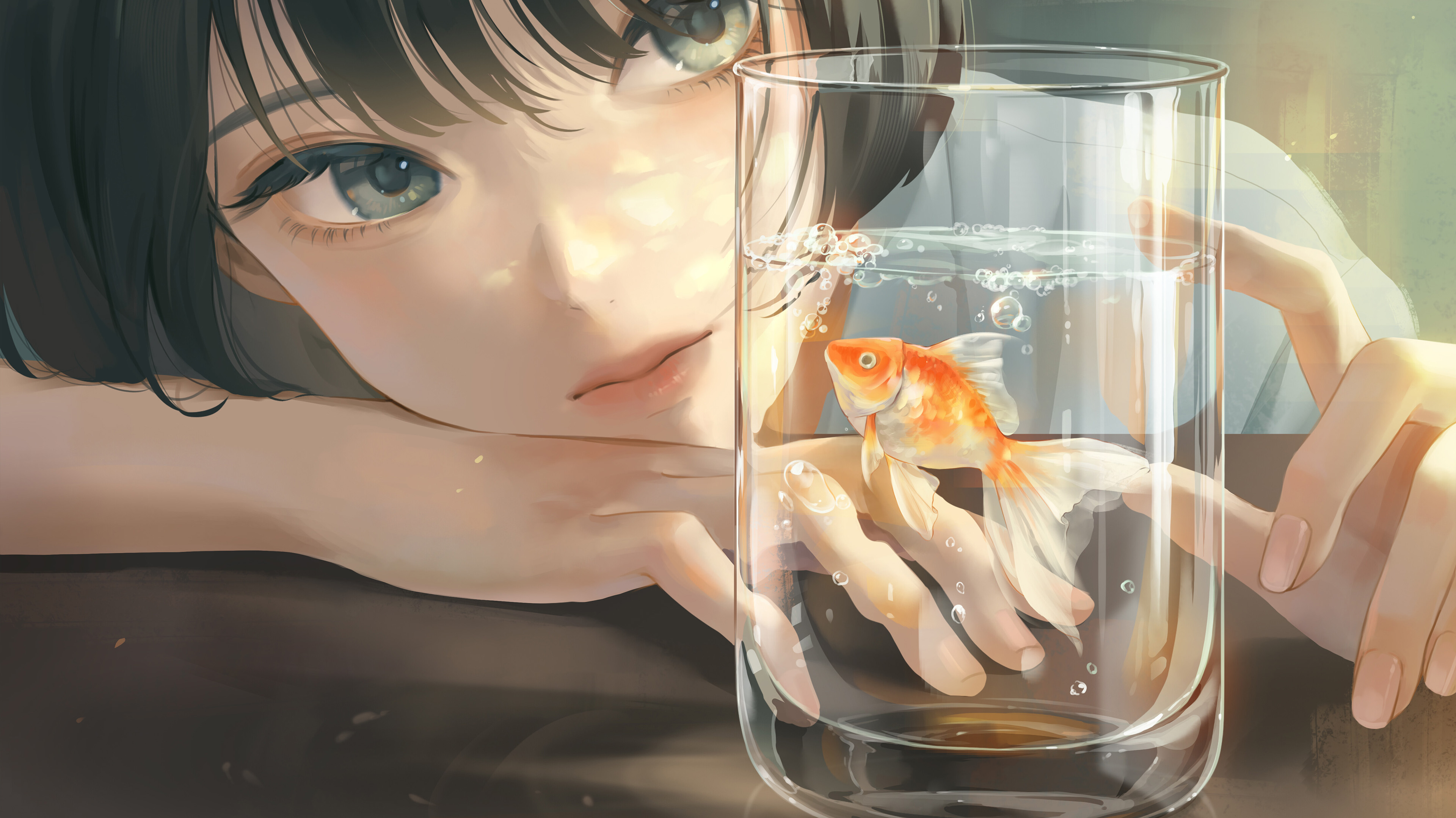 金鱼,水杯,短发女孩