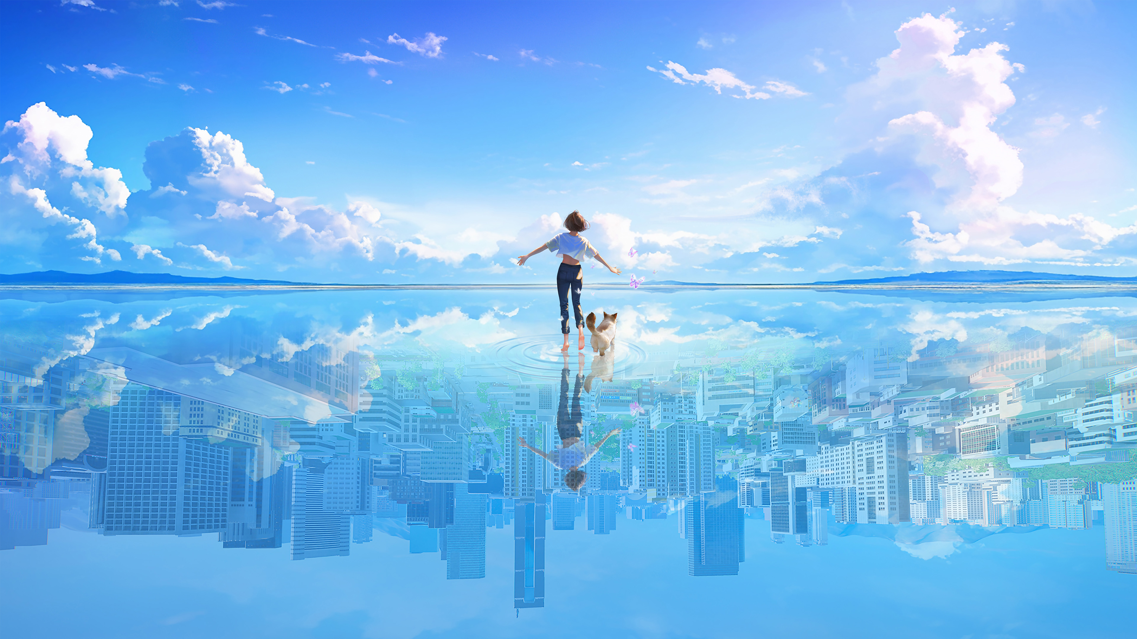 倒影,城市,小狗,湖面