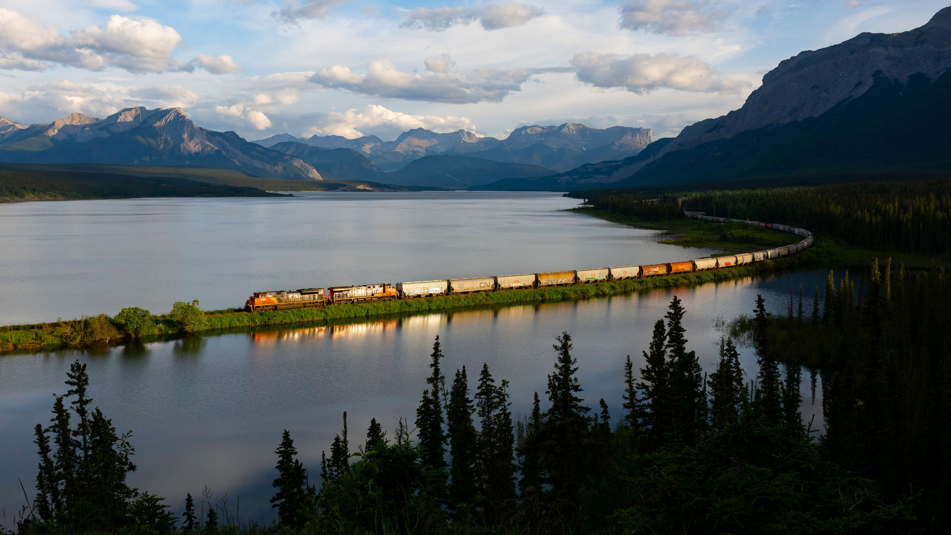 自然风光,火车,湖,树林