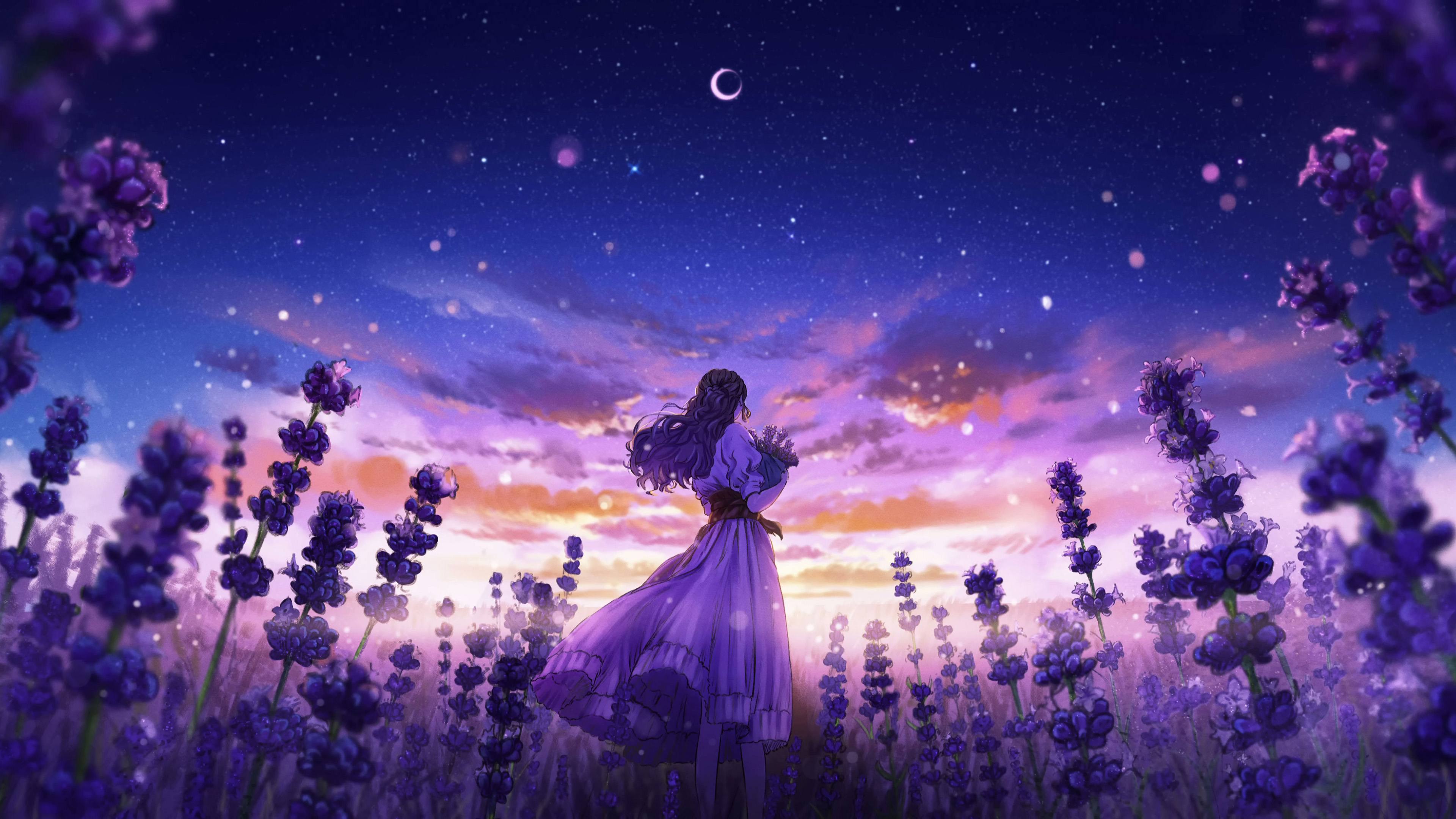 月亮,紫色天空,女孩