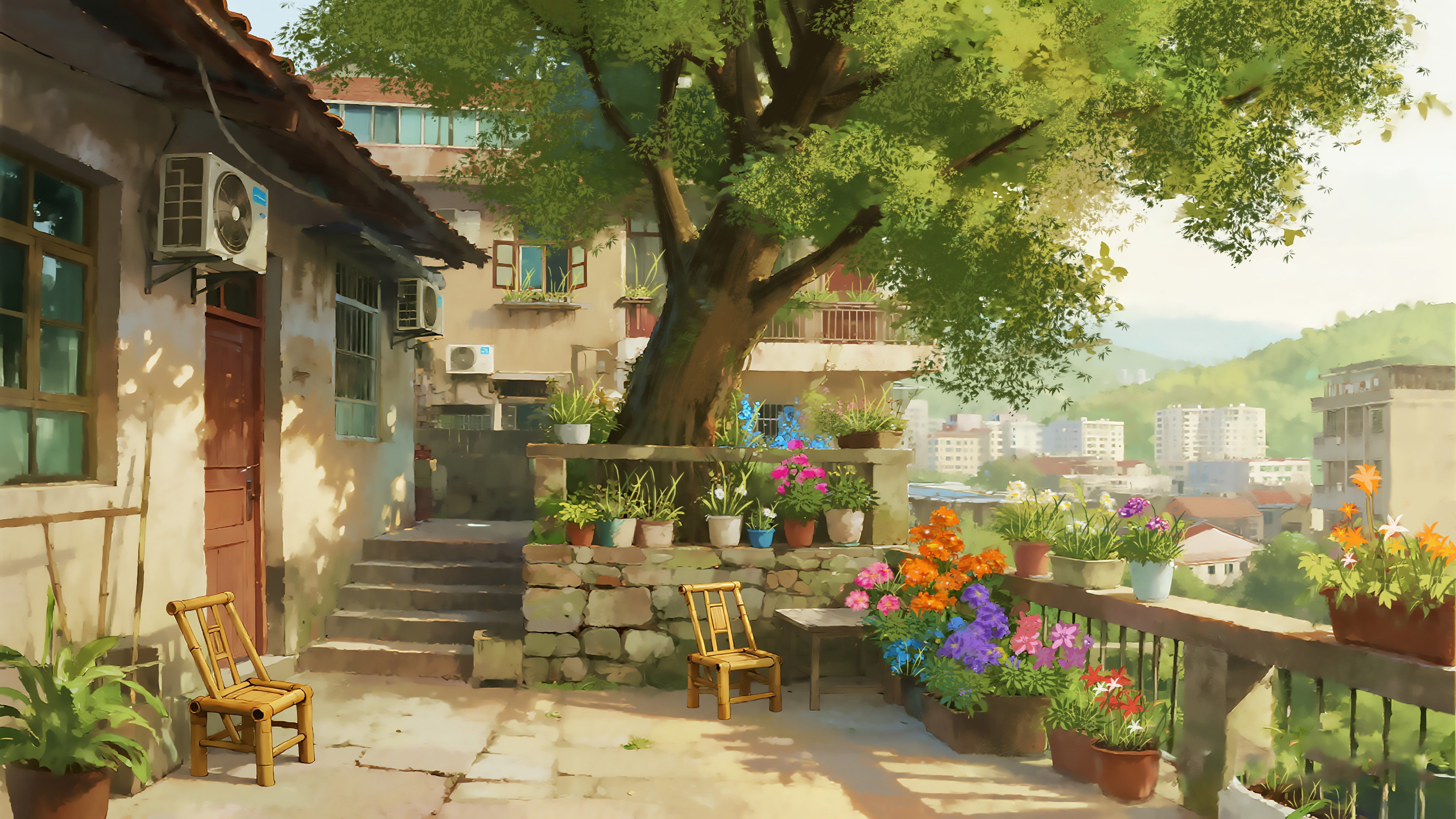 院子,树,小屋,鲜花