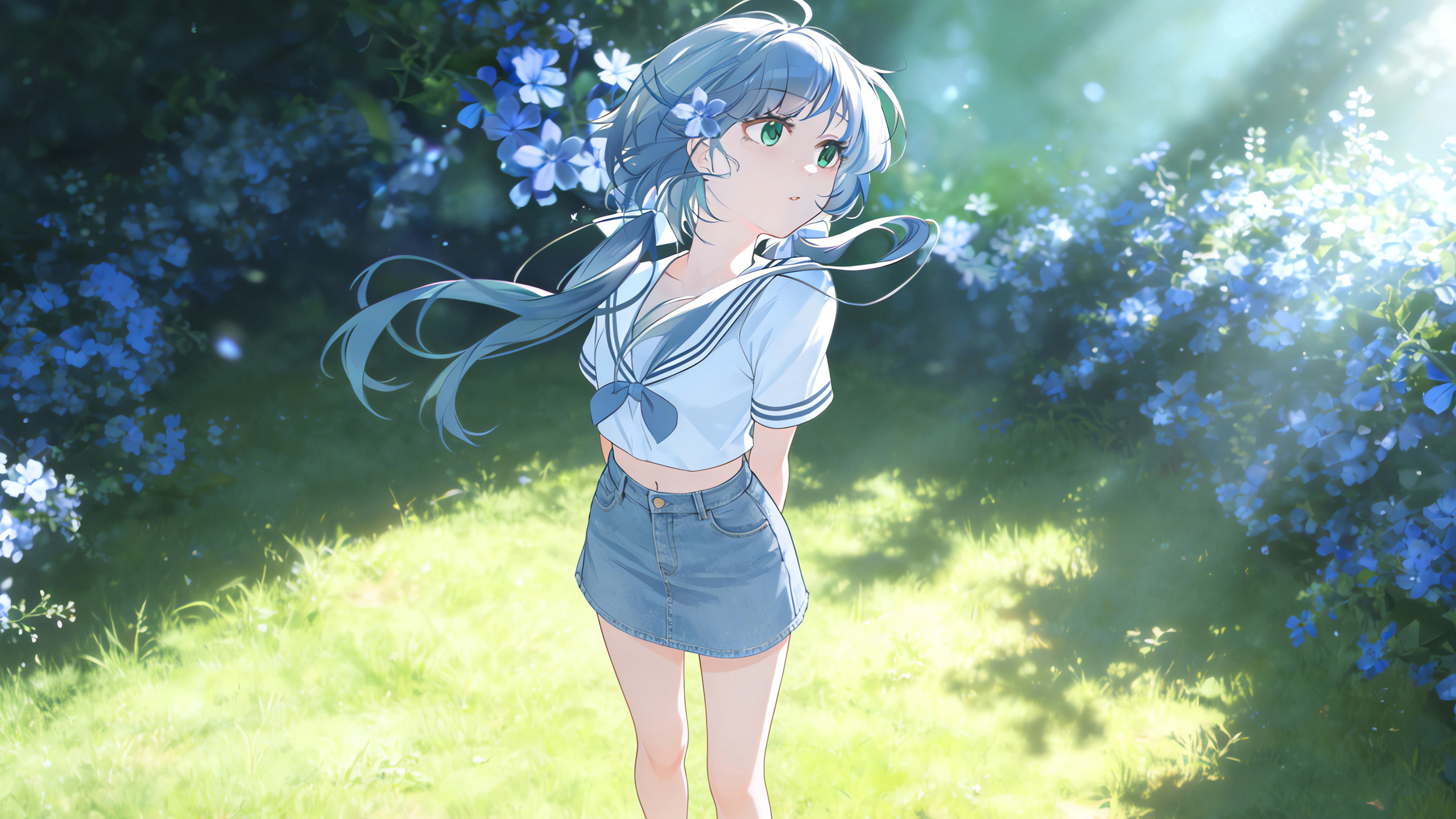 森林,阳光,可爱女孩,鲜花,绿草地