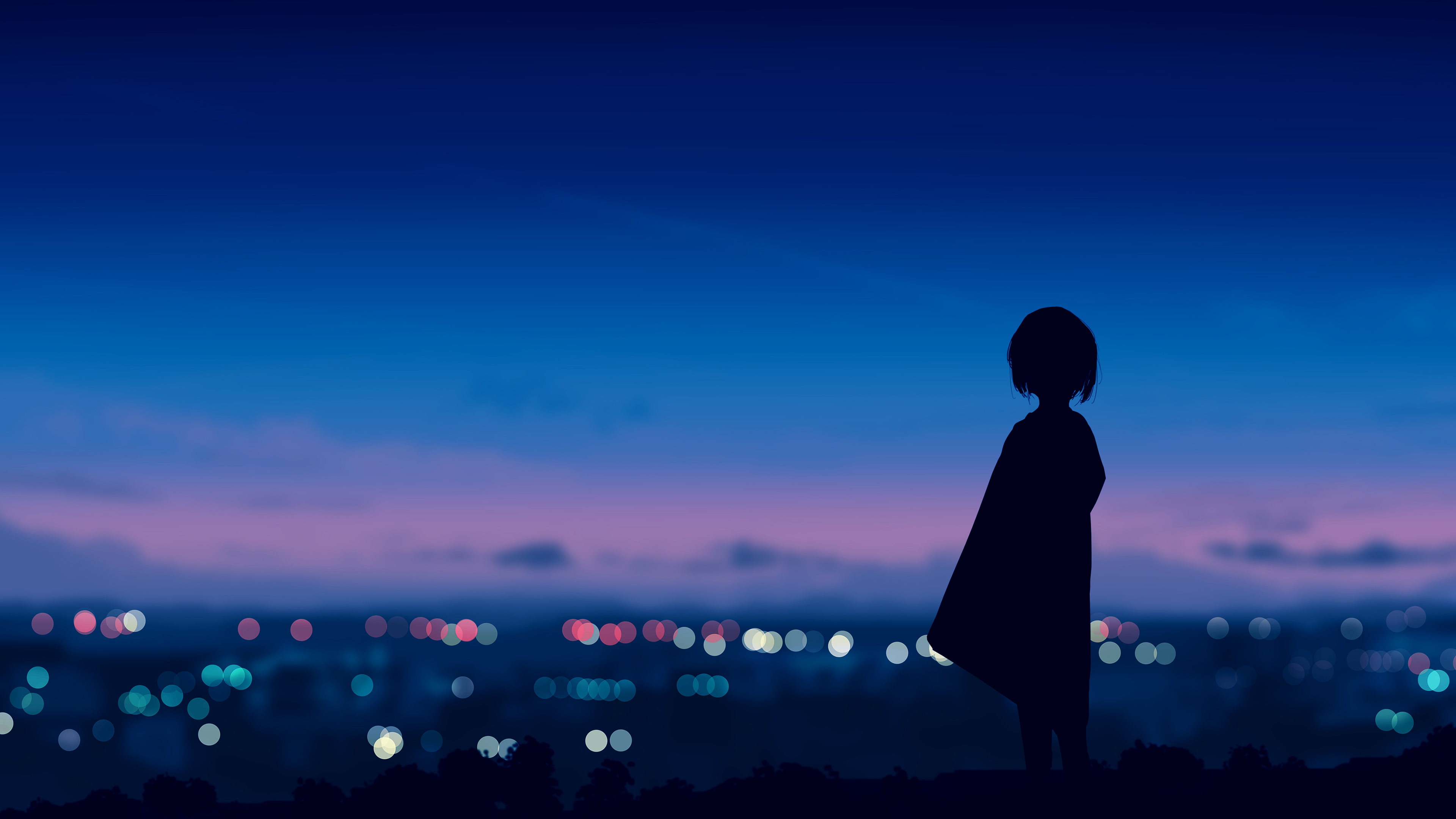 女孩,短发,站立,极简主义,日落,云朵,插画,城市灯光