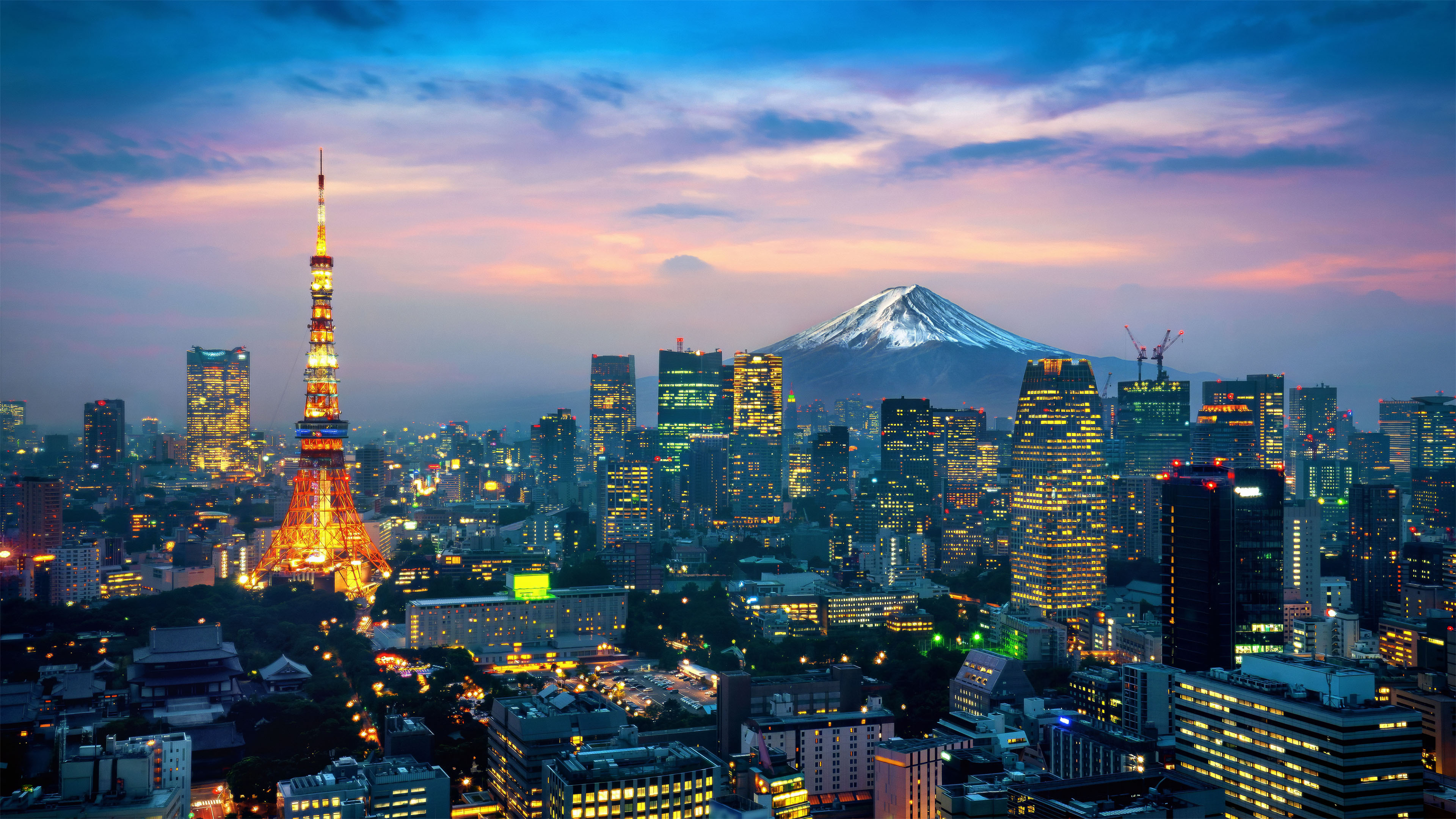 城市夜景,雪山,高塔