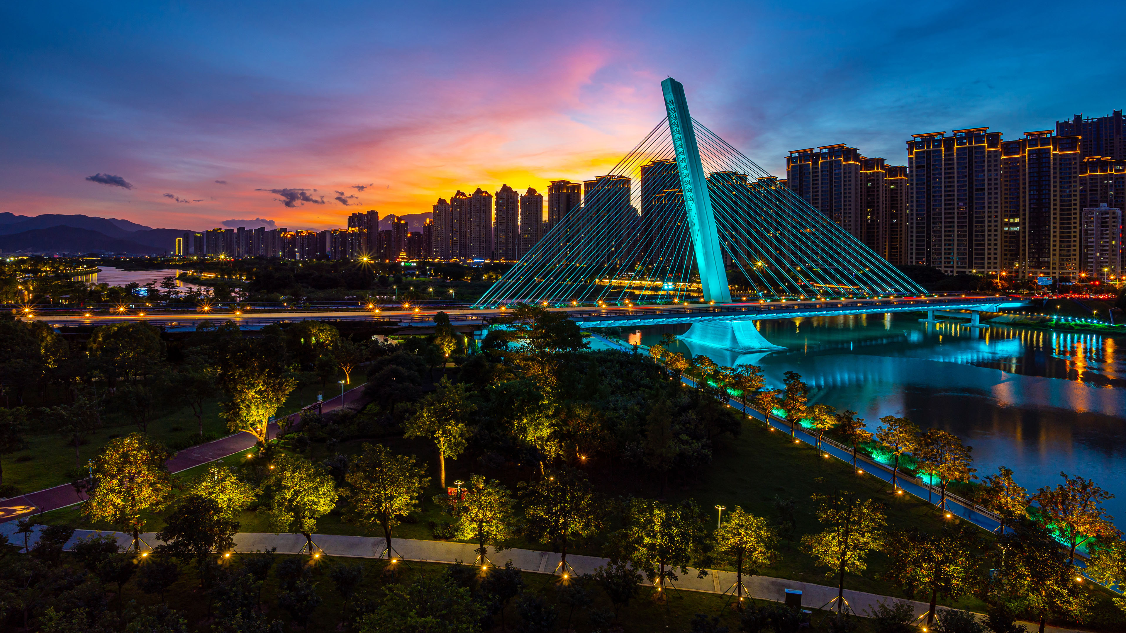 城市夜景,桥梁,建筑,晚霞
