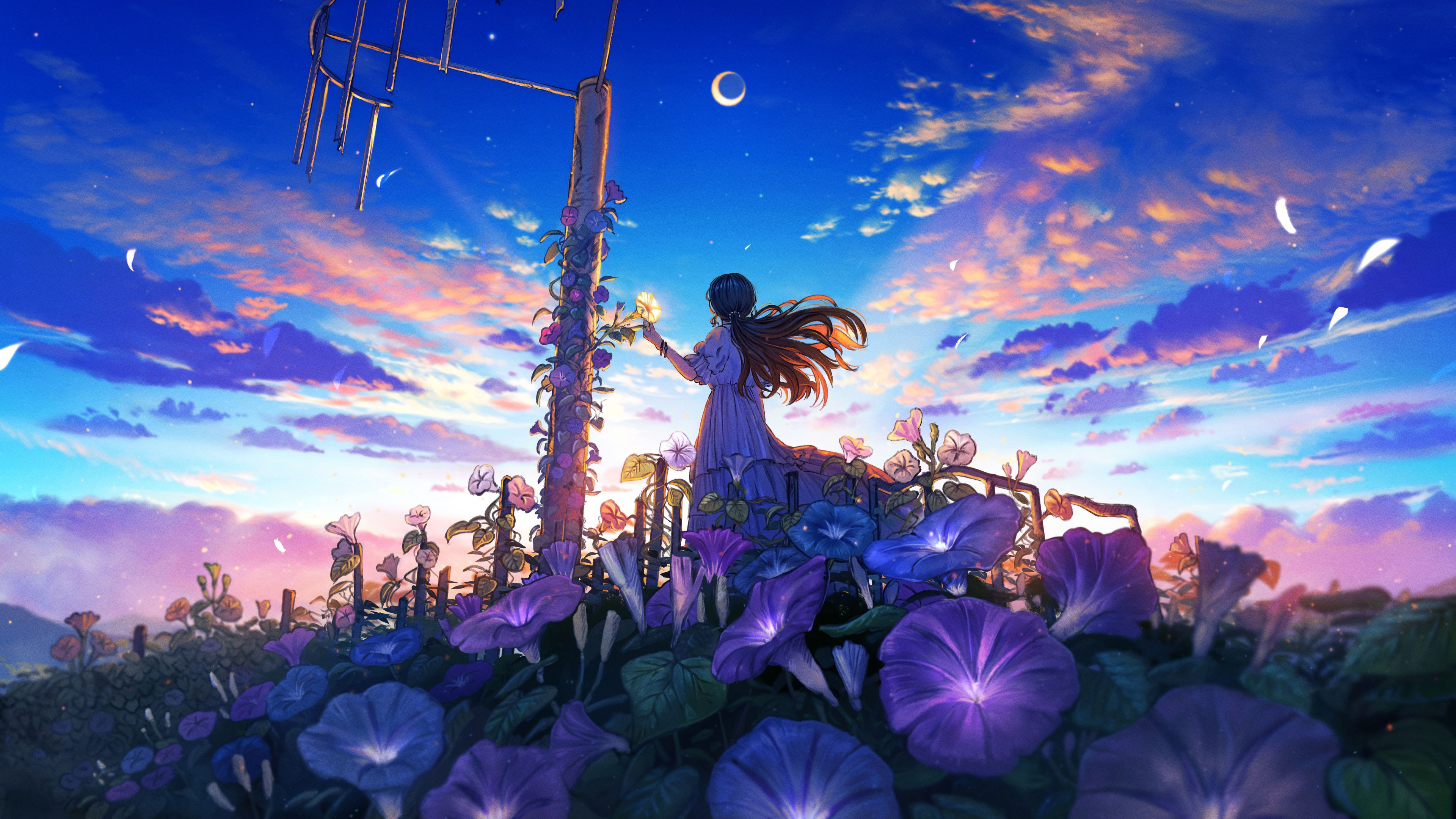 月亮,喇叭花,长发女孩